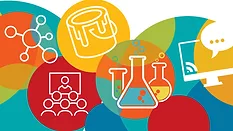 Illustration of bright colored circles with icons of webinar, molecule, paint bucket, beakers and chat icon on a montior