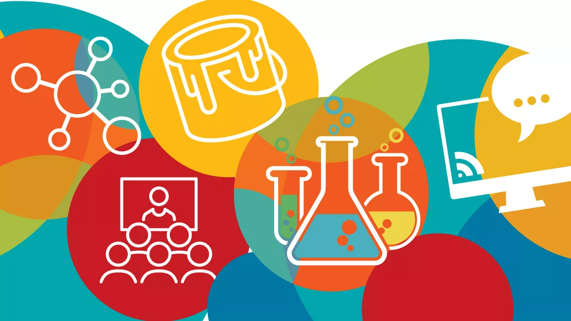 Illustration of bright colored circles with icons of webinar, molecule, paint bucket, beakers and chat icon on a montior