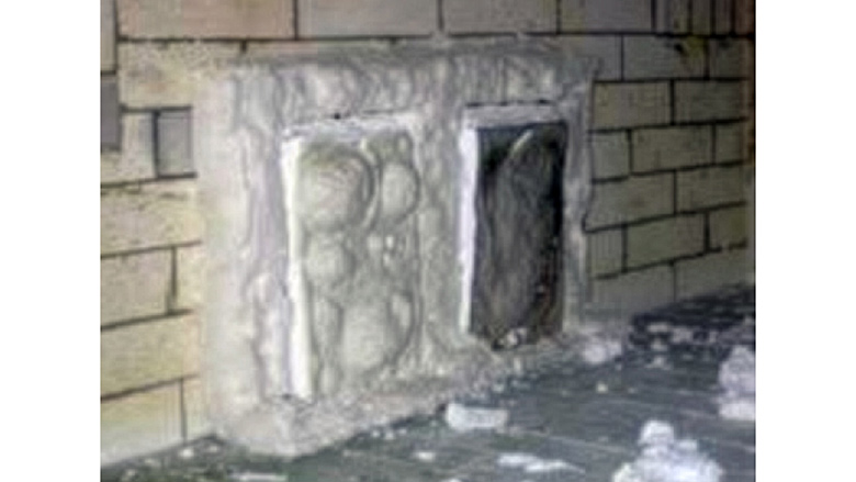 Failed primer test on panels shows the intumescent PFP coating has fallen away from the substrate