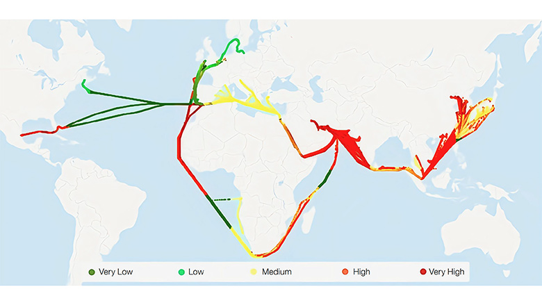 Global trading routes for the subject LNG vessels derived from AIS data.