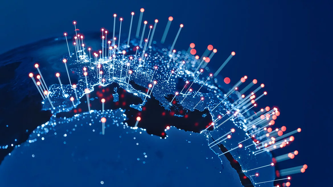 Abstract Earth view from space with fiber optic cables rising from major cities.