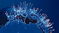 Abstract Earth view from space with fiber optic cables rising from major cities.