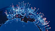 Abstract Earth view from space with fiber optic cables rising from major cities.