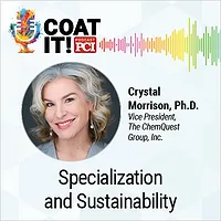 Coat It! Podcast logo with colorful sound wave rhythm; Crystal Morrison's headshot and title; and "Scale and Strategy"