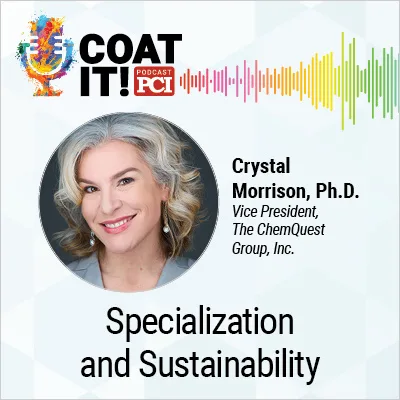 Coat It! Podcast logo with colorful sound wave rhythm; Crystal Morrison's headshot and title; and "Scale and Strategy"