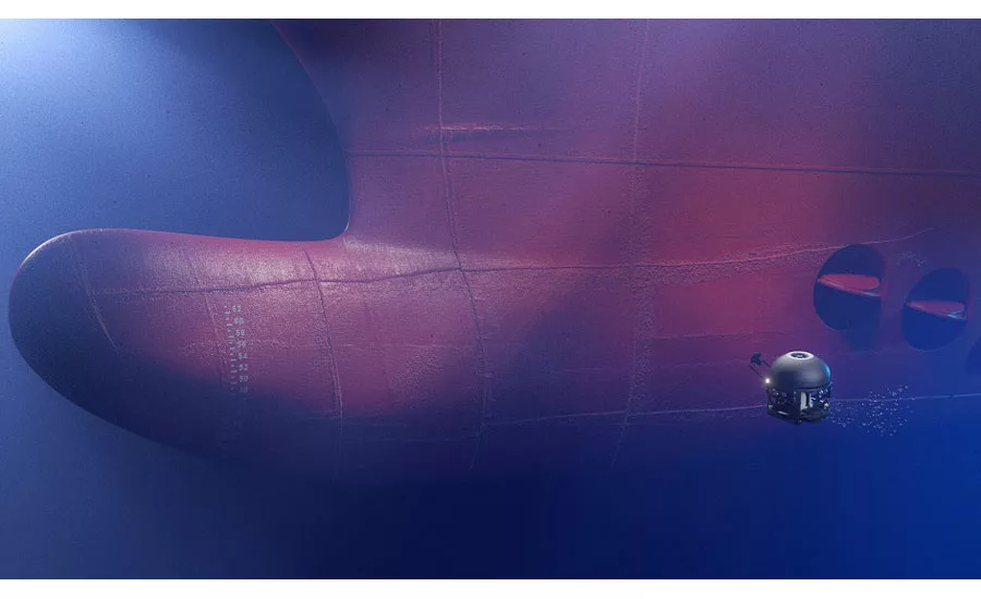 Ship hull inspected by robot submarine