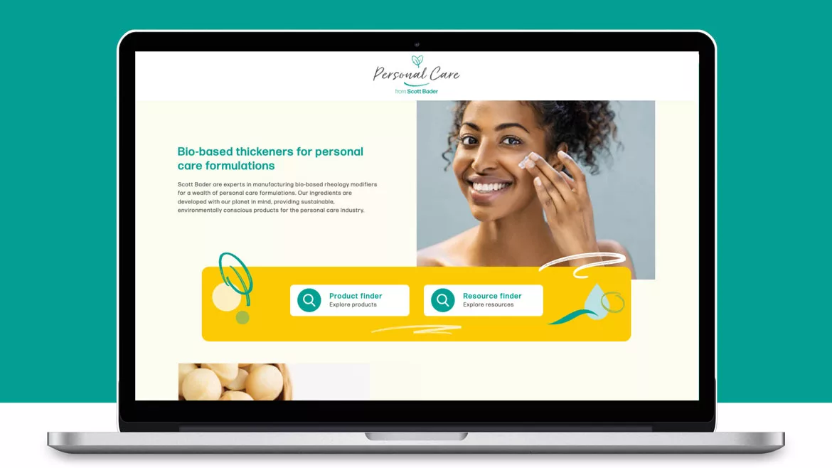 Photo of laptop with Scott Bader's personal care website on the screen