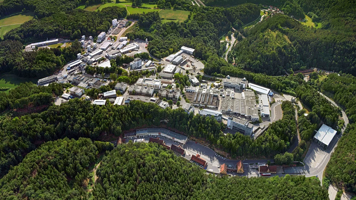 Aerial view of the ECKART headquarters in Hartenstein, Germany