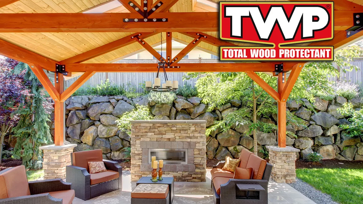 Image of a covered patio with a wooden roof