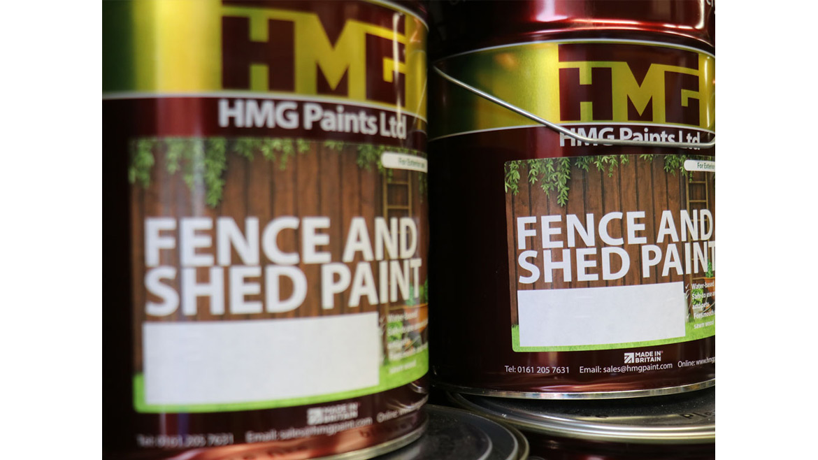 Photo of cans of HMG's Fence and Shed paint